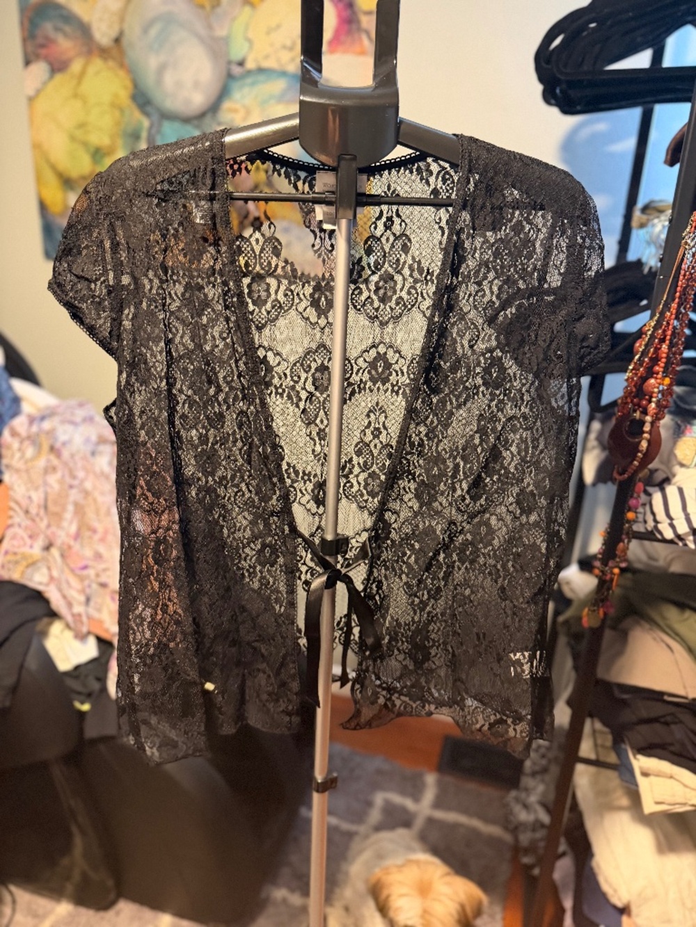 boho sheer black lace tie front top 2x